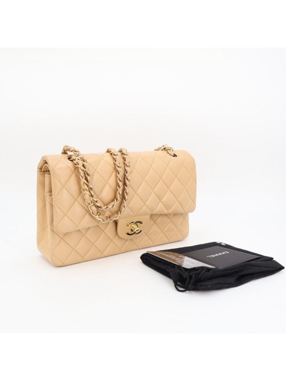 Chanel Quilted 25 Chain Shoulder Bag Double Flap Beige Lambskin